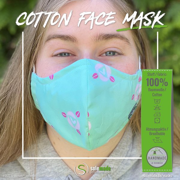 Cotton Face Mask | teal with rose pattern