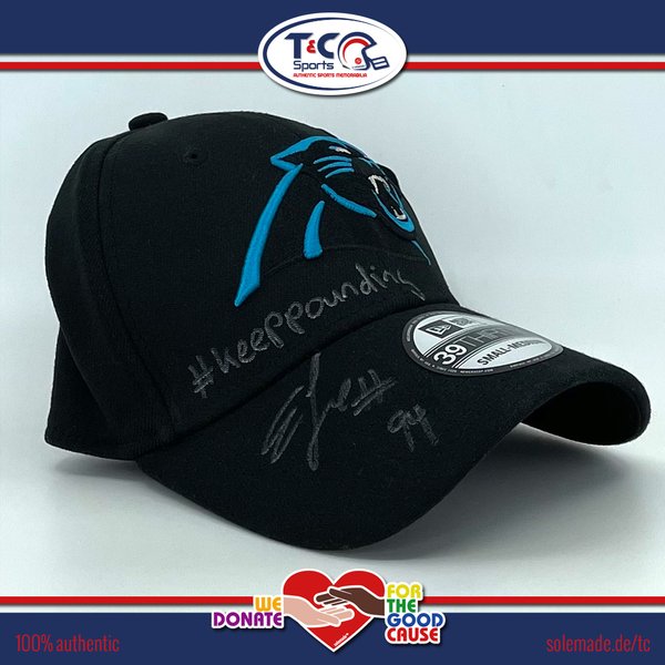 0076102 - Efe Obada signed Panthers New Era M/L 3930 hat