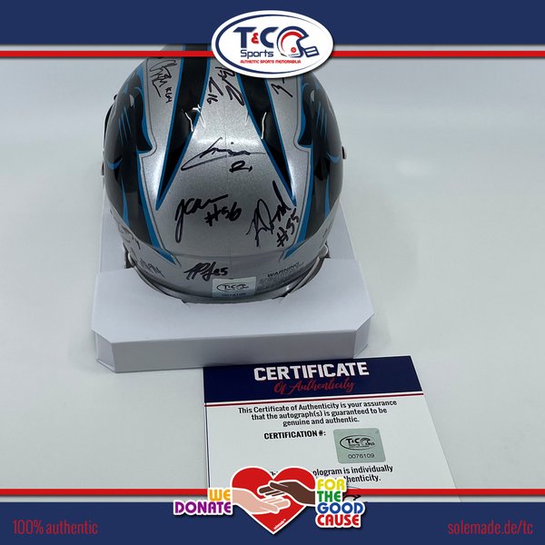 0076109 - Multi-signed silver Carolina Panthers Riddell Speed Mini Helmet