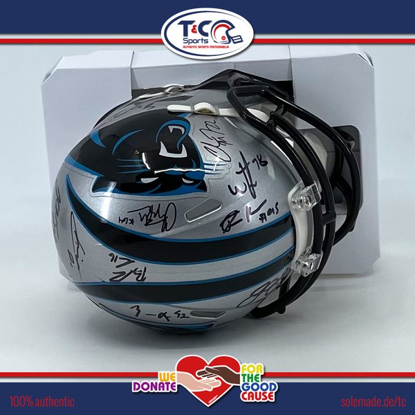 0076109 - Multi-signed silver Carolina Panthers Riddell Speed Mini Helmet