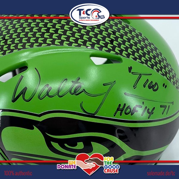 0076111 - Walter Jones signed green custom Riddell Speed Mini Helmet