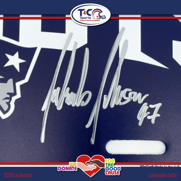 0076135 - Jakob Johnson signed blue New England Patriots license plate (plastic)