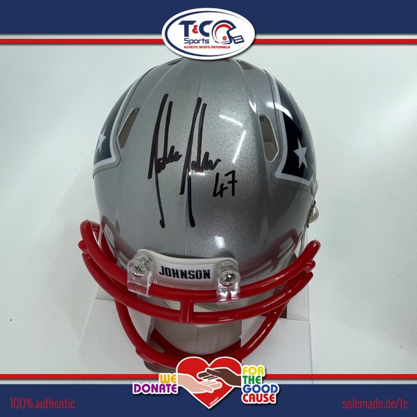 Jakob Johnson signed silver New England Patriots Riddell Speed Mini Helmet