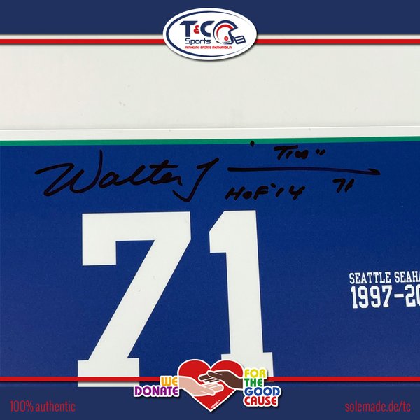 Walter Jones signed blue custom Walter Jones 71 license plate